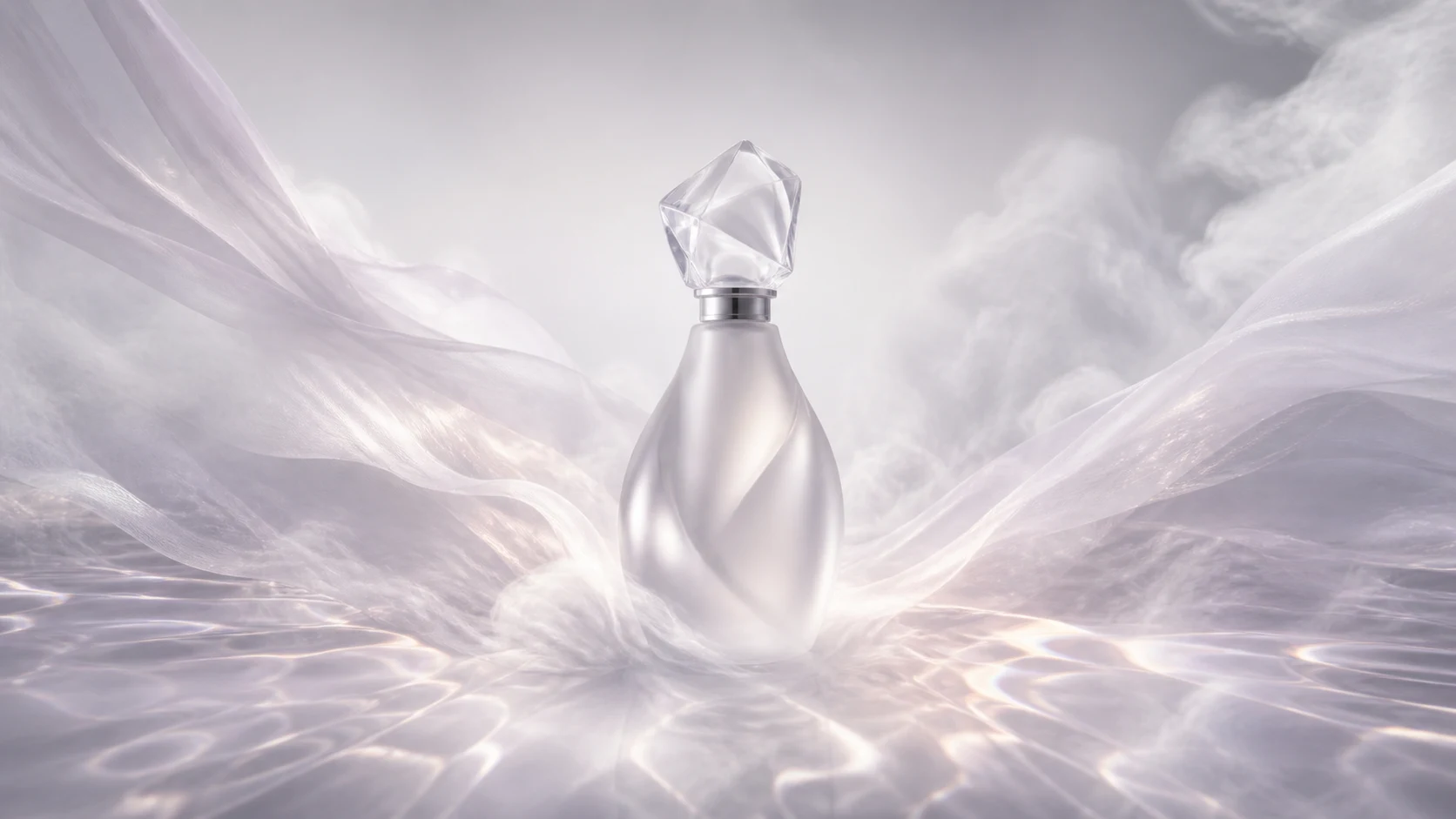 Skulpturaler ELYRA Parfumflakon zwischen Glas und feinem Nebel