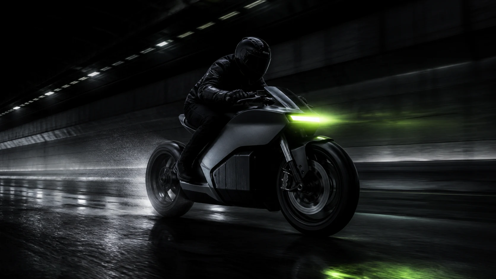 Schwarzes KINETIQ Elektromotorrad im Lichttunnel