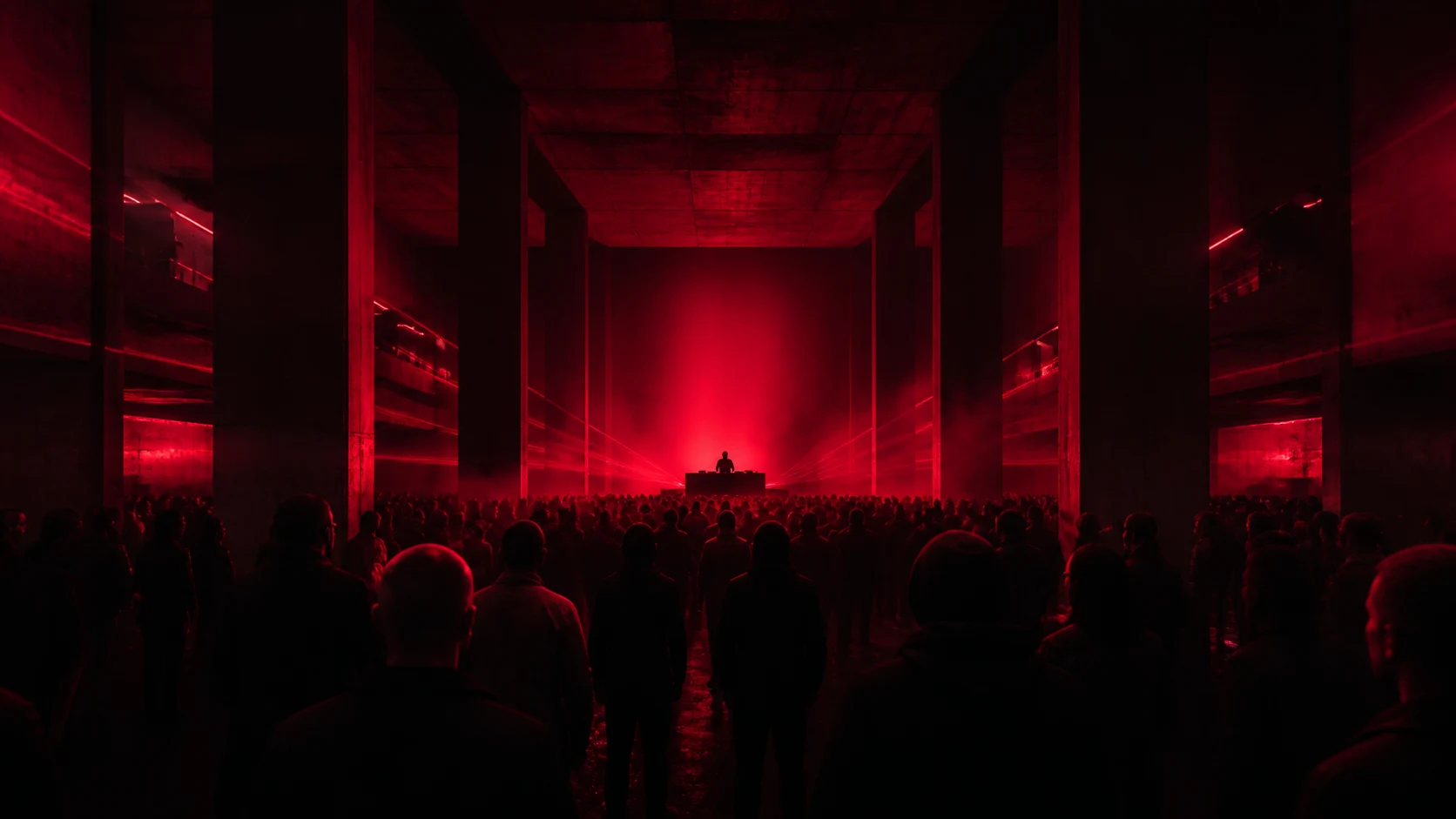 Elektronische Musikperformance in einer monumentalen roten Halle