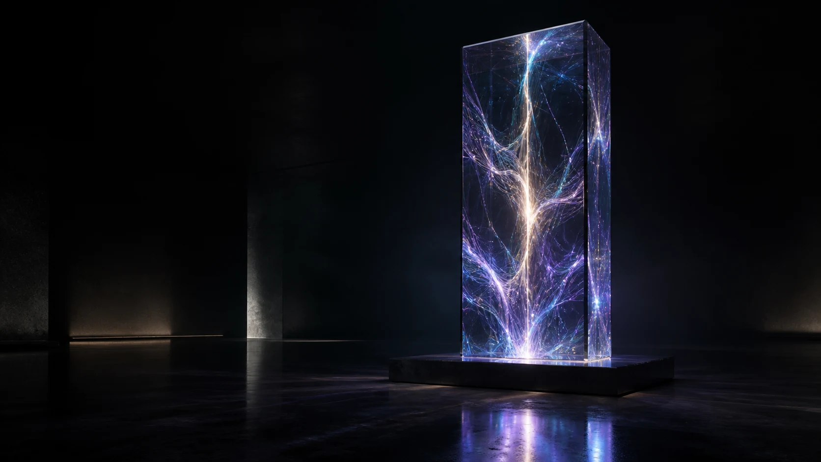 Leuchtender ORYN Glasmonolith als abstrakte künstliche Intelligenz