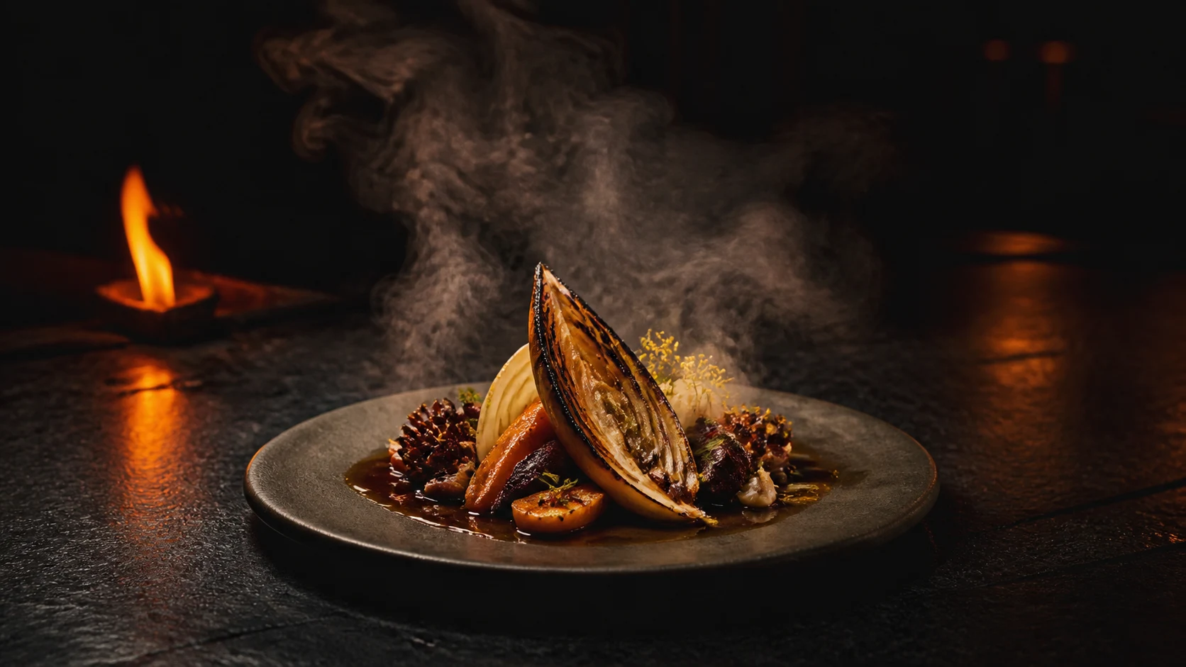 SAVOIR Fine-Dining-Komposition mit Dampf und offenem Feuer